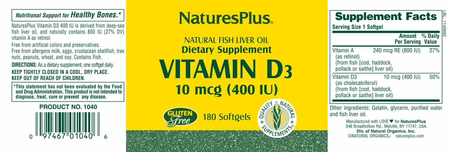 Vitamin D3 400 IU  tablets - 180 Softgels